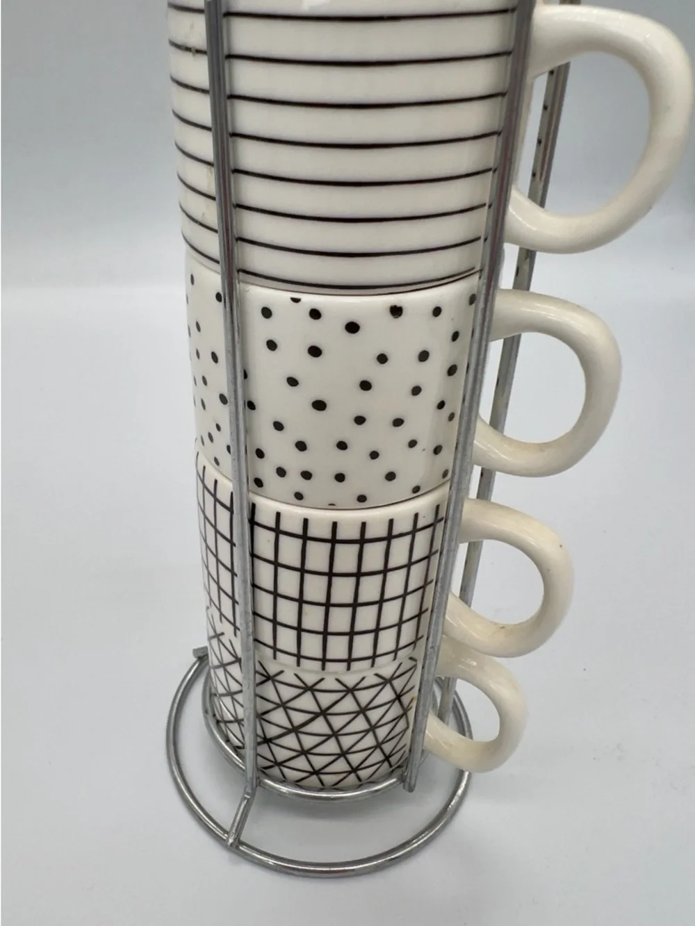 Stackable Ceramic Espresso Cup Set in White with Black Geometric Patterns